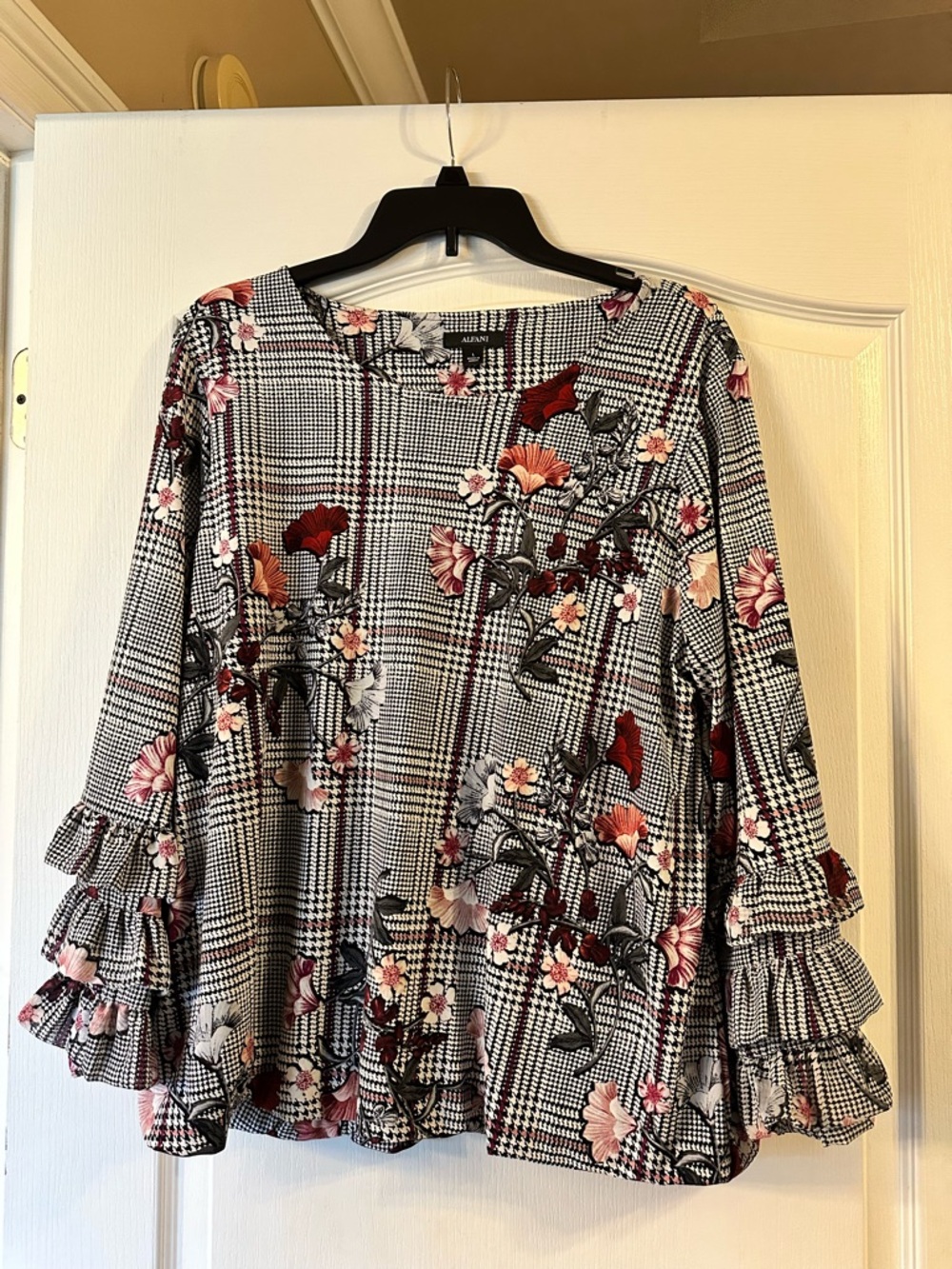 Alfani Black &White Plaid Top with Pink and Red Floral Print
